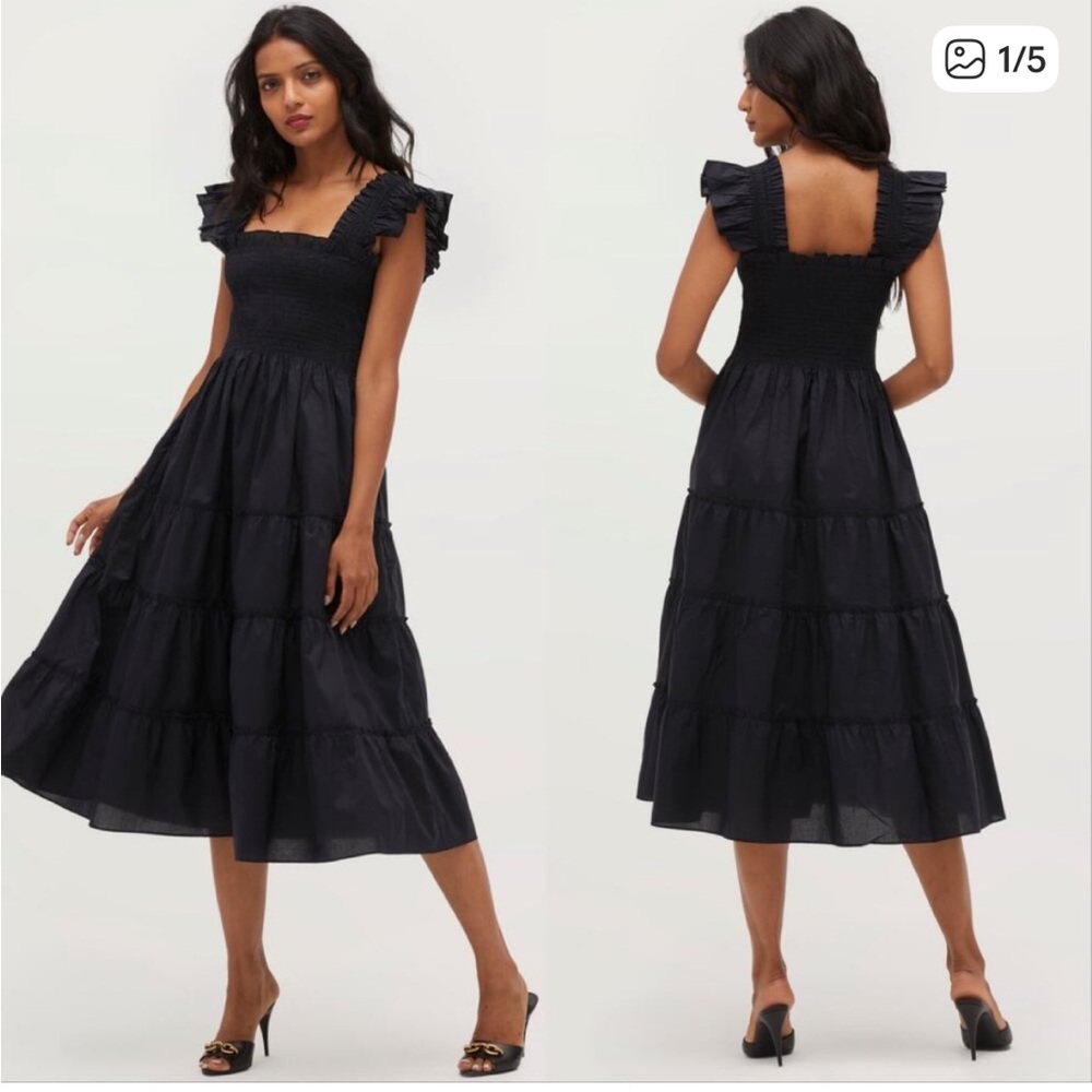Hill House Ellie Nap Smocked Midi Dress Black Poplin Cotton